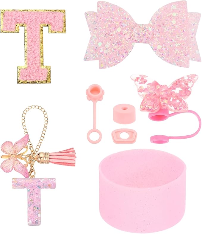 uxcell 8Pcs Cup Accessories Set for Cup Tumbler with Handle, Including Silicone Straw Cover, Boot, Spill Proof Stopper, Handle Charm, Initials Sticker(Letter T, Pink)