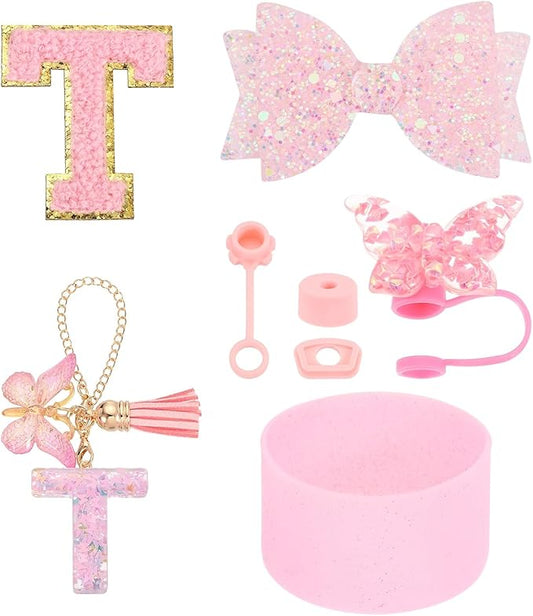 uxcell 8Pcs Cup Accessories Set for Cup Tumbler with Handle, Including Silicone Straw Cover, Boot, Spill Proof Stopper, Handle Charm, Initials Sticker(Letter T, Pink)