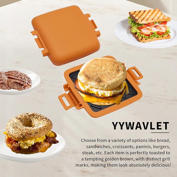 Microwave Sandwich Maker, Heat-Resistant Silicone Rubber Shell, Advanced HeatWave Technology, Non-Stick Plates, Easy to Clean, Makes Toast, Sandwiches, Paninis, Patties (Orange)