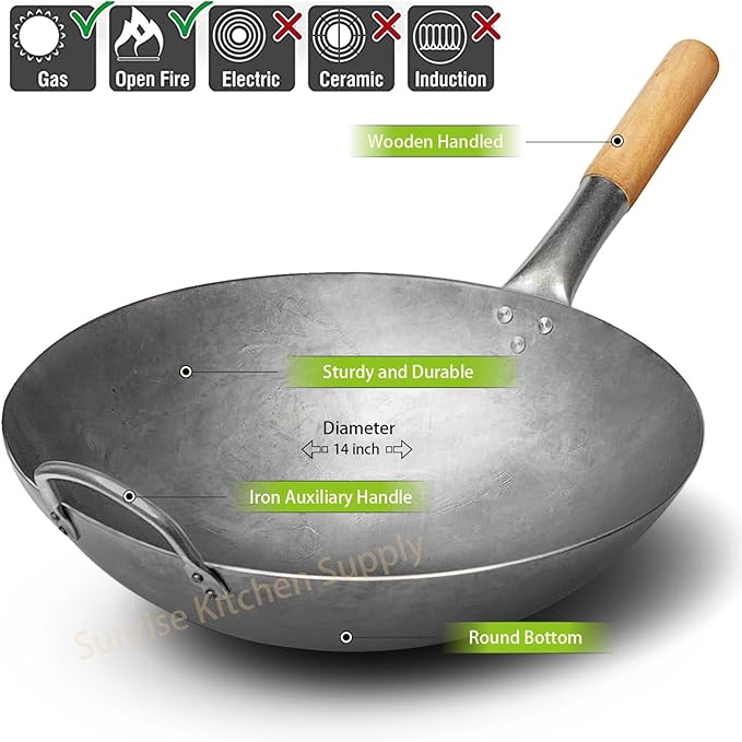 SUNRISE Kitchen Supply 1.8 mm Thickness Heavy Duty Hand Hammered Carbon Steel Wok 14 inch, Round Bottom