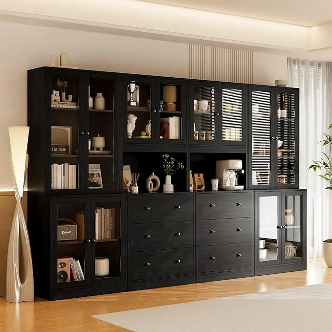 TUSY 71'' H Kitchen Hutch Storage Cabinet, 5-Tier Pantry Cabinet, Buffet Hutch with Drawers, China Cabinet with Glass Doors, Storage Cabinets for Dining Room, Kitchen, Living Room (Black)