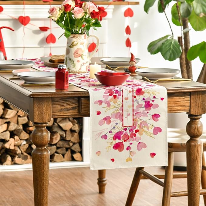 Artoid Mode Red Pink Heart Branch Valentine's Table Runner, Seasonal Leaf Kitchen Dining Table Decoration for Home Party Decor 13x36 Inch