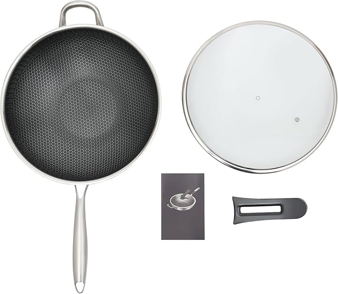 13 Inch Wok Pan with lid, Food-Grade Stainless Steel Woks & Stir-fry Pans Nonstick, Dishwasher and Oven Safe, Cooking Pan Compatible with Gas & Induction Cooker