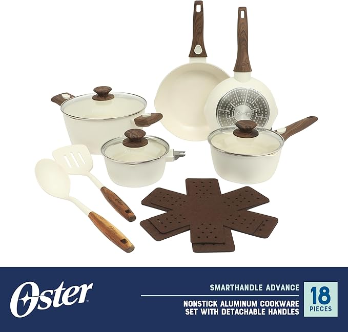 Oster SmartHandle Advance 18-Piece Ceramic Nonstick Cookware Set ??Matte Linen Finish, Induction, Detachable Handles, Oven & Dishwasher Safe Pots Pans, w/Utensils & Pan Protectors