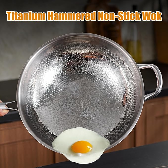 Titanium Hammered Wok with Lid, Upgrade Double Handle Non Stick Titanium Pans for Cooking, Ultra-Durable, Scratch-Resistant, Even Heating Frying Pans, Compatible with All Cooktops,with lid,13
