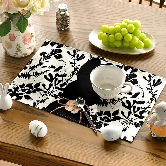 Artoid Mode Black Bunny Leaves Bow Easter Placemats Set of 4, 12x18 Inch Spring Table Mats for Outdoor Home Party Kitchen Dining Decor