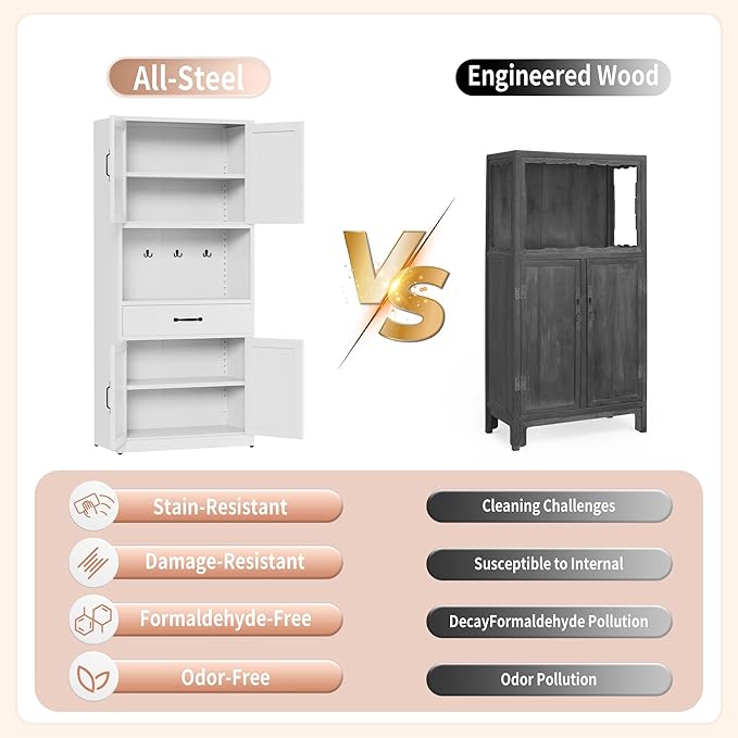 72" Tall Steel Kitchen Pantry Cabinet with Large Countertop and Adjustable Shelves, Metal Farmhouse Storage Cabinets with Microwave Stand, Kitchen Hutch Cabinet for Dining Room
