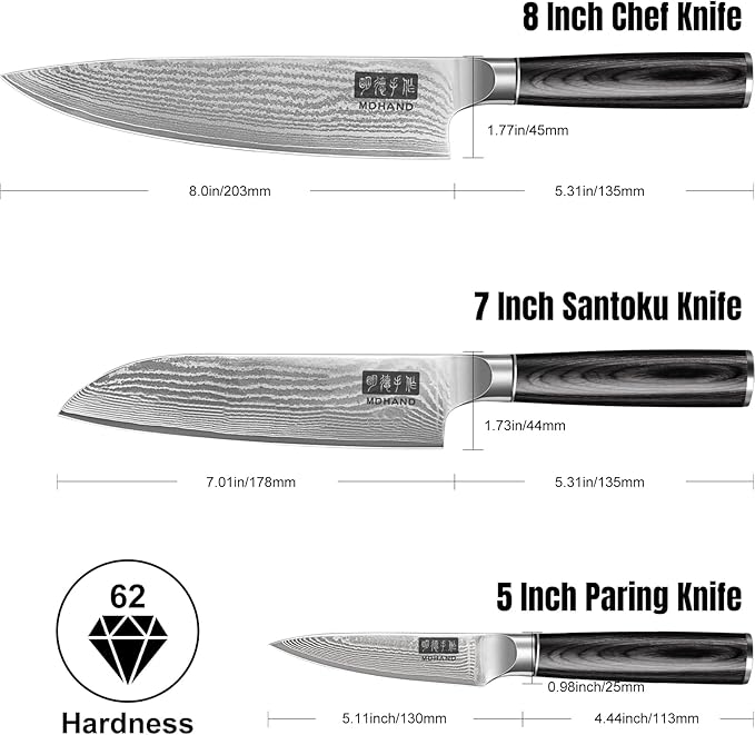 MDHAND Damascus Kitchen Knife Set 3-Piece, Ultra Sharp Professional 67 Layers 10Cr15CoMoV Super Steel Japanese Chef Knife Set with Pakkawood Handle, Including Chef, Santoku & Paring Knife, Elegant Box