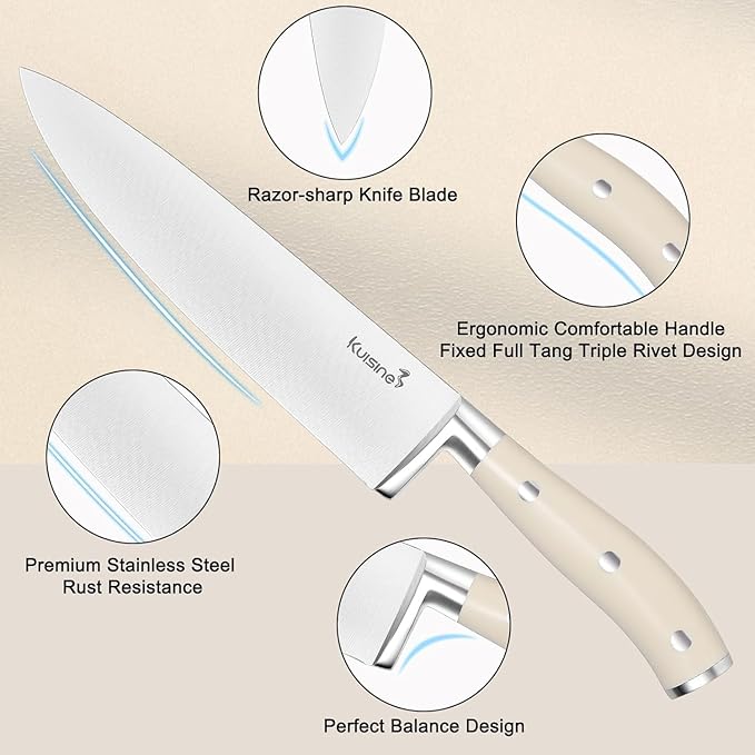 Kuisine Premium Chef Knife Set,High Carbon Stainless Steel Razor-Sharp Blade Ergonomic Handle,Knife Block Set with Built-in Sharpener,Elegant Gift for Holiday(Ivory Pro Acacia,15PCS)