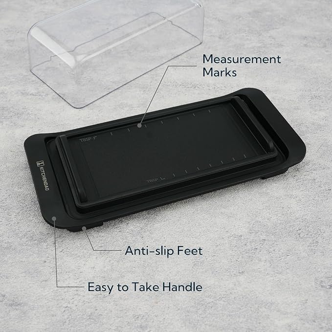 KITCHENDAO Airtight Butter Dish with Lid for Countertop and Fridge, Dishwasher Safe, BPA Free Wide Plastic Butter Keeper for 2 Sticks East Coast/West Coast/European Style/Kerrygold Butter, Black
