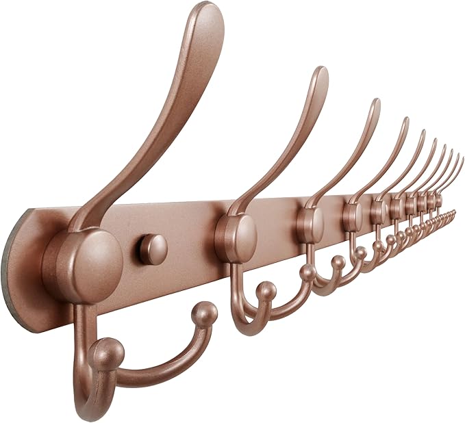 Dseap Coat Rack Wall Mount - 38??Long 10-Tri-Hooks Heavy Duty Coat Hanger Rail Wall Hooks for Hanging Coats Hats Clothing Clothes Purse Mudroom Entryway, Rose Gold