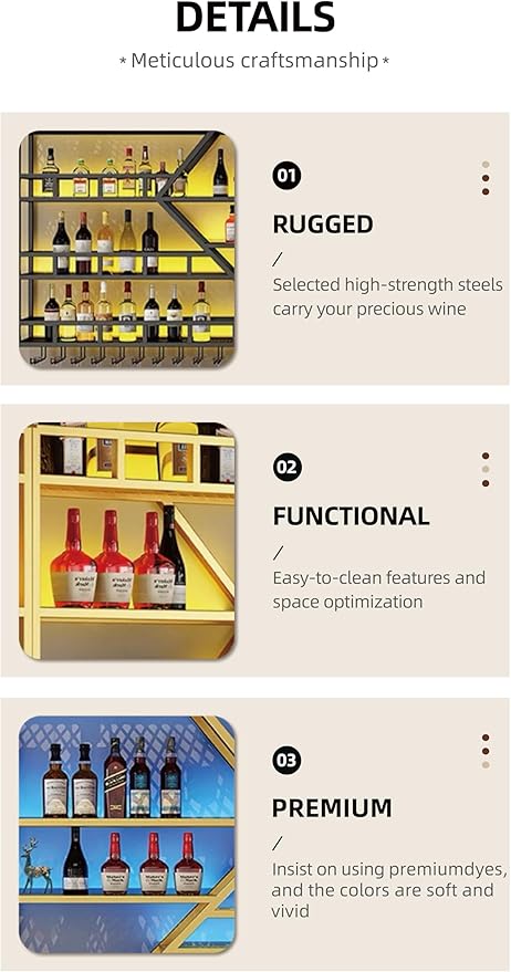 79 Inch Modern Wall Mounted Wine Rack with LED Light, Large Metal Bar Shelves for Liquor Bottles, Stylish Wall Wine Rack Storage Organizer for Dining Room & Home Bar(Gold-Yellow Led, 79in)