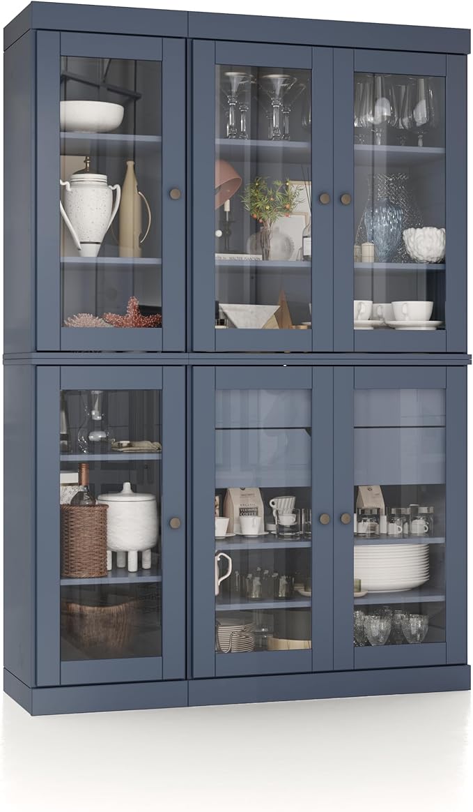 Palace Imports 100% Solid Wood 48.5" Pantry China Cabinet with Clear Glass Doors, 2-Drawers and Adjustable Shelves (Antique Blue)