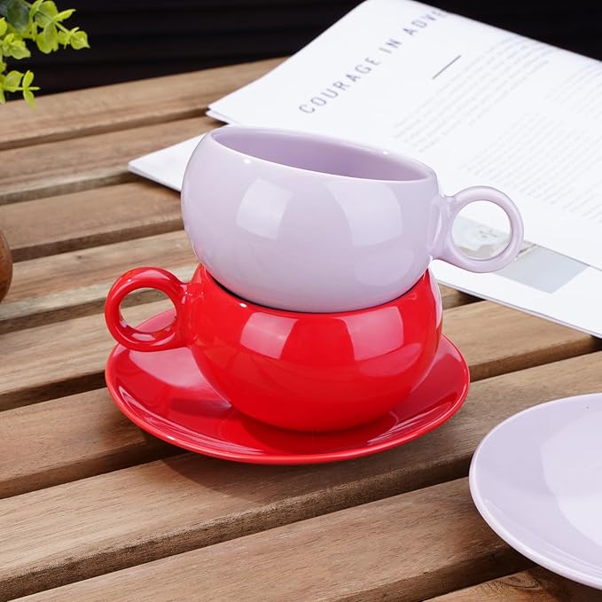 Ceramic cup and saucer Cups Set 竊?9 Ounce / 270ml 竊?Cappuccino Cups, Coffee Cups, British Coffee Cups, Porcelain Tea Set, Latte Cups竊똕et of 2 (2, red)