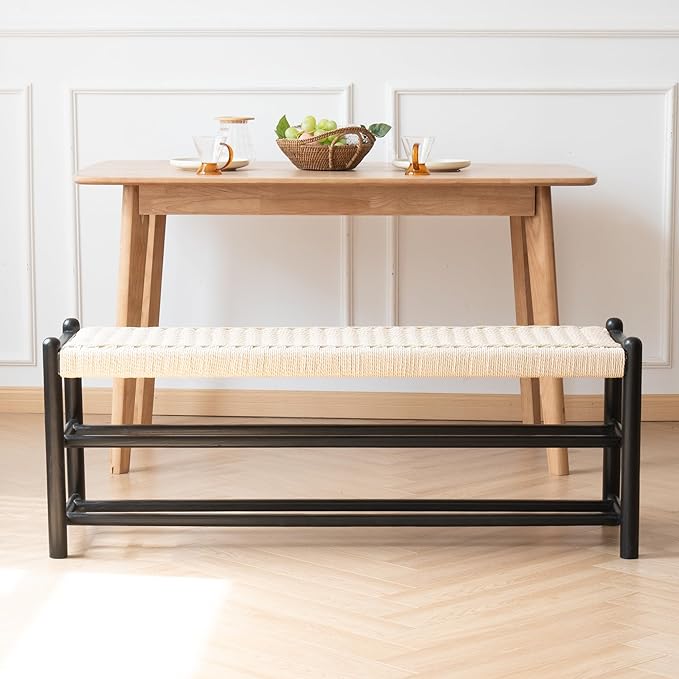 XINNAN Solid Wood Entryway Bench with Shoe Storage, Rustic Oak Wood and Woven Design 45 Inch Long Seating for Living and Dining Rooms, 3-Tier Black