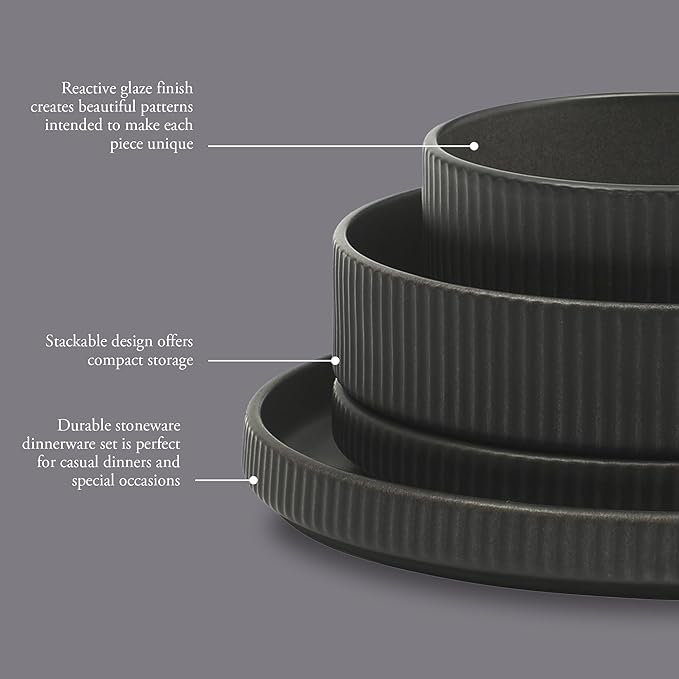 Gibson Elite Deerfield 16-Piece Stoneware Dinnerware Set ??Matte Black Reactive Glaze Plates and Bowls, Stackable, Modern Design, Service for 4 ??Microwave & Dishwasher Safe