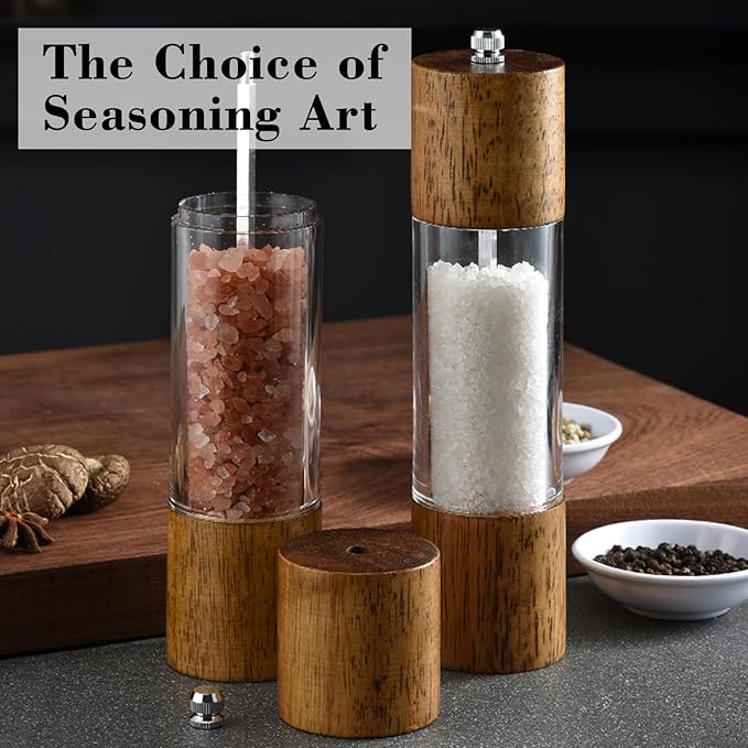 2Pcs Advanced Acrylic Salt and Pepper Grinder, Wooden Pepper Grinder, Durable Ceramic Grinder with Adjustable Thickness for Grinding
