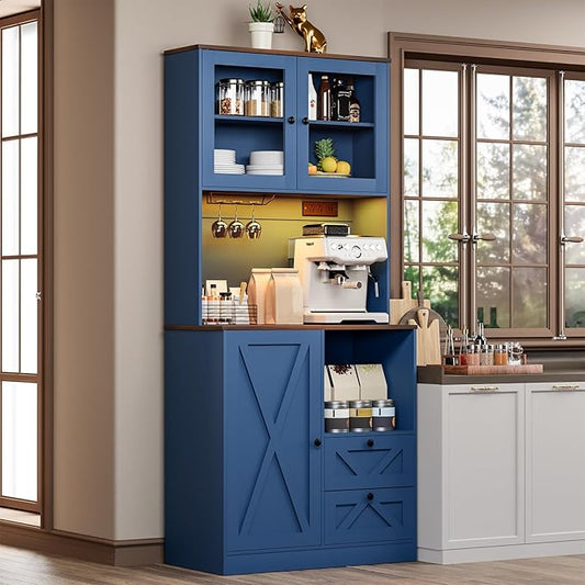 71?섃셁itchen Pantry Storage Cabinet with LED Lights and Power Outlet, Tall Farmhouse Kitchen Hutch with Microwave Stand,Globet Hooks and Adjustable Shelf for Dining Living Room,Blue