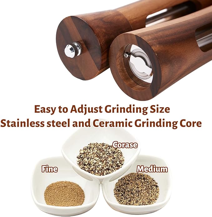 8 Inch Wooden Pepper Grinder, Acacia Wood Pepper Mill with Stainless Steel Core, Manual Pepper Mill with Comfort Grip & Effortless Grinding for Kitchen Cooking
