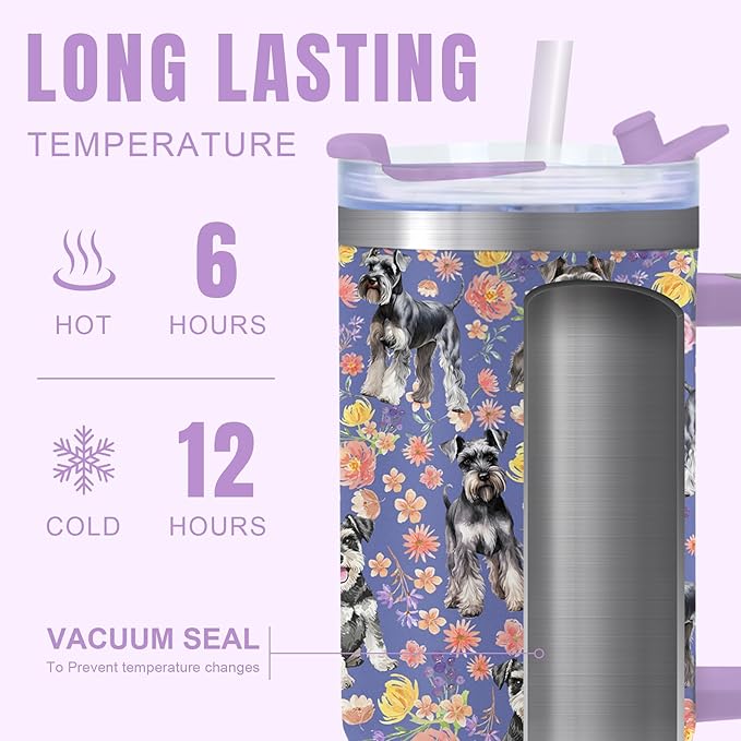 Yogusut Schnauzer Gifts for Women, 40oz Stainless Steel Insulated Tumbler Travel Mug Cup with Handle Straw, Gifts for Dog Mom Dog Lover