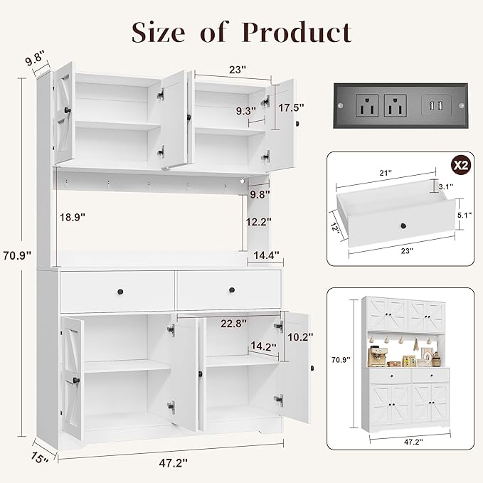 71" Tall Kitchen Pantry Storage Cabinet with Charging Station, 47.2" Wide Kitchen Hutch Cabinet with Large Countertop, Farmhouse Food Pantry with Drawers for Living Room, White
