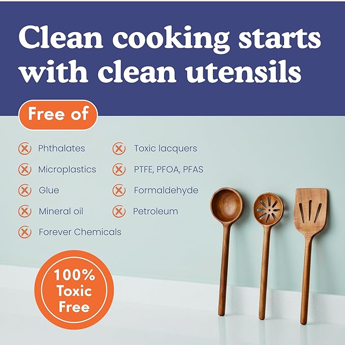Non-Toxic Wooden Spoons for Cooking??7-Piece Kitchen Utensils Set, Glue-Free & One-Piece Cooking Utensils, Natural Wooden Utensil Set with Plant-Based Finish, Free of Forever Chemicals