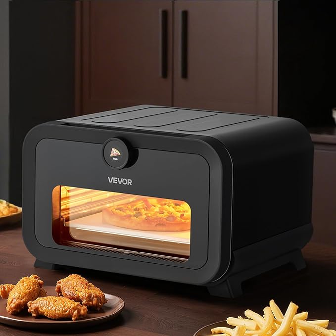 VEVOR Pizza Oven, 8 Presets Electric Pizza Ovens Air Fry Combo, 12-Inch Indoor Pizza Maker Smart Knob Control, 750°F Max Temp, IPX4 Waterproof Countertop Pizza Cooker w/Pizza Stone,Fry Basket