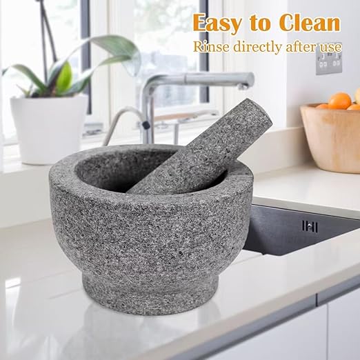 7??Heavy Granite 4 Cup Mortar & Pestle Natural Stone Molcajete Bowl and Grinder Set for Spices, Herbs, Seasonings, Pastes, Pesto and Guacamole. Release Your Favorite Flavors!Great Gift!