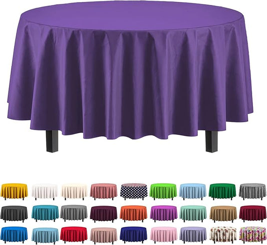 Party Solids 6-Pack Premium Plastic Tablecloth 84in. Round Plastic Table Cover - Purple