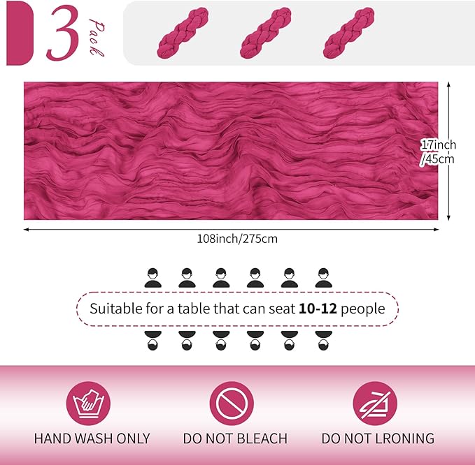 RealBox 3 Pack Hot Pink Cheesecloth Table Runner 17x108 Inch Semi Sheer Boho Gauze Cheese Cloth Fabric Table Runners Table Decor for Wedding Party Baby Shower Birthday Home Decor Garden Farmhouse