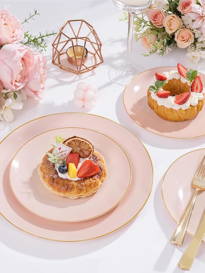 WDF 150Pcs Pink Plates Disposable - Pink and Gold Plastic Plates 25guest Disposable Dinnerware Include 25 Dinner Plate, 25 Dessert Plate, 25 Cutlery & 25 9oz Cups for Wedding, Party, Valentine's Day