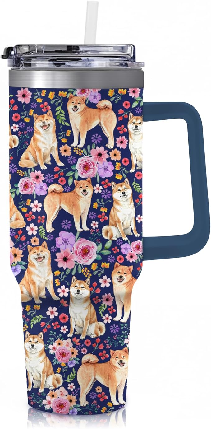 Yogusut Shiba Inu Gifts for Women, 40oz Stainless Steel Insulated Tumbler Travel Mug Cup with Handle Straw, Gifts for Dog Mom Dog Lover