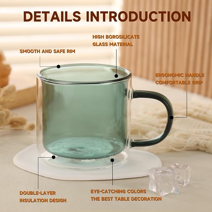 Double Wall Insulated Glass Tea Cups Set of 4, Clear Borosilicate Espresso Shot Cups for Espresso Machine, Glass Teacups Coffee Mugs with Handle for Cappuccino Latte, Green, 10OZ/280ML