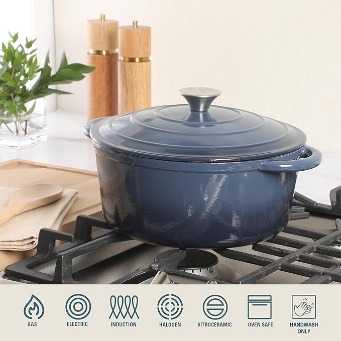 Gibson Home Addlestone 5 Qt Enameled Cast Iron Dutch Oven Pot with Lid ??Round, Oven Safe to 500째F, Ideal for Bread Baking & Stews - Gradient Navy Blue