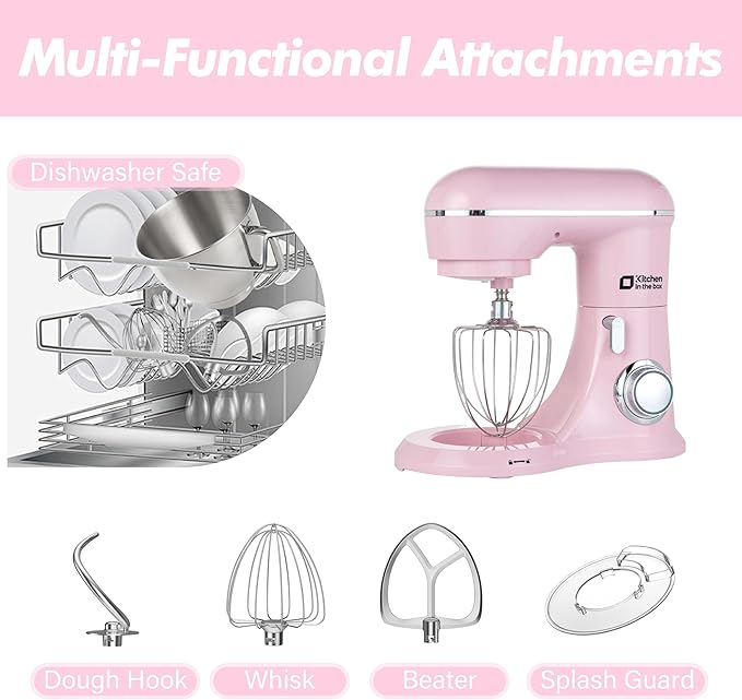 Kitchen in the box Stand Mixer, 6.5QT Electric Food Mixer, 10 Speeds 3-IN-1 Kitchen Mixer for Daily Use with Egg Whisk,Dough Hook,Flat Beater (Pink, 6.5QT)