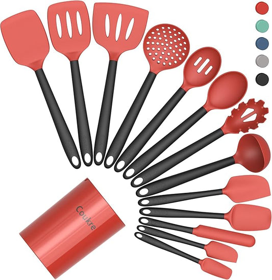 Coukre Silicone Kitchen Cooking Utensils Set with Holder ??Heat-Resistant, Food-Grade Kitchen Tools, Spatula, Spoon & Gadgets for Non-Stick Pans, Dishwasher Safe (14, Red)