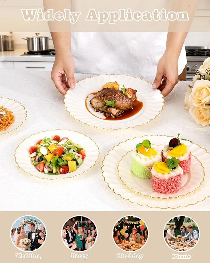 YOUBET 100PCS Ivory Scalloped Plastic Plates - Heavy Duty Gold Disposable Fancy Hard Plates Include 50 Dinner Plate, 50 Dessert Plate, for Wedding & Party Valentines Day