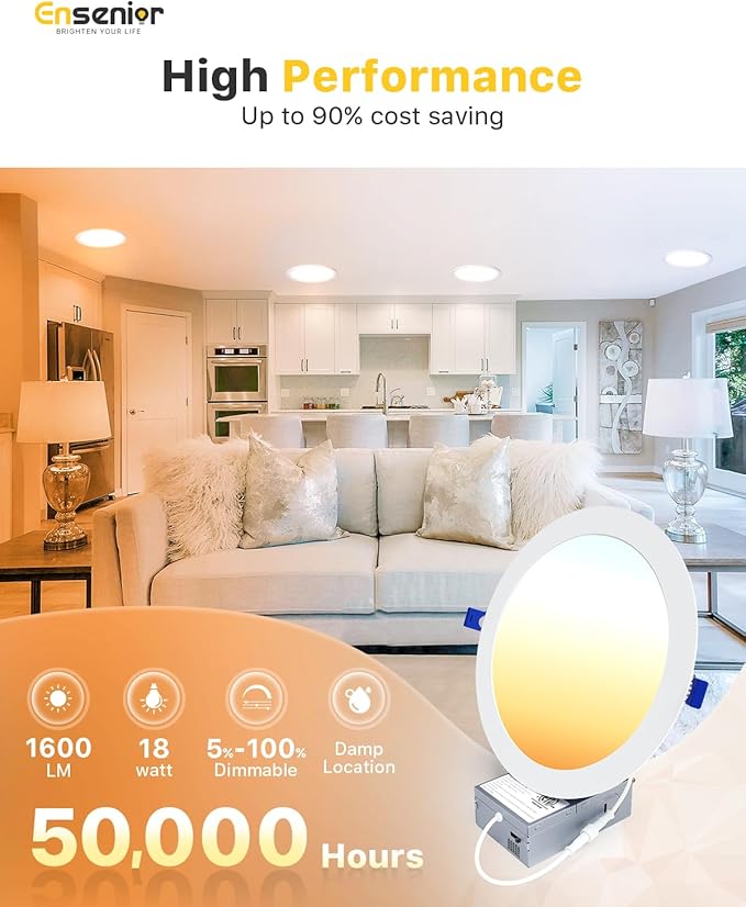 Ensenior 4 Pack 8 Inch LED Recessed Light, Dimmable, 2700K-5000K 5CCT, 1600LM High Brightness, 18W 120V, Damp Rated, Ultra-Thin Canless Wafer Light - ETL & FCC & IC