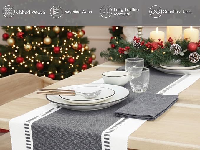 PurpleEssences Table Runner - Wide with Dobby Stripe, Heavy Ribbed Weave & Double Knot Fringes, 14x72 Inch (14x77.5 with Fringes) Farmhouse Decor -Christmas Holiday Winter - Mineral Gray and H.White