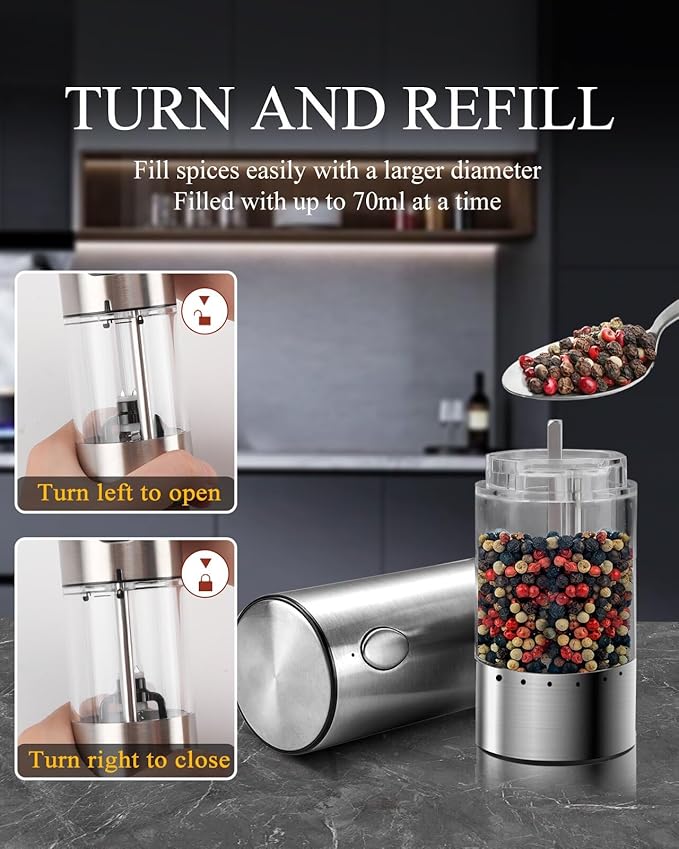 [Upgraded Larger Capacity] Tomentific Electric Salt and Pepper Grinder Set with Storage Base, Stainless Steel Pepper Mills with Washable Container, White LED Light, External Adjustable Coarseness