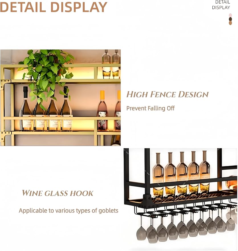 79Inch Metal Wall-Mounted Wine Rack with LED Light, 3 Tier Wine Storage Display Rack with Glass Holder, Space-Saving Bottle and Cup Display Shelf for Home Bars, Dining Rooms, Black