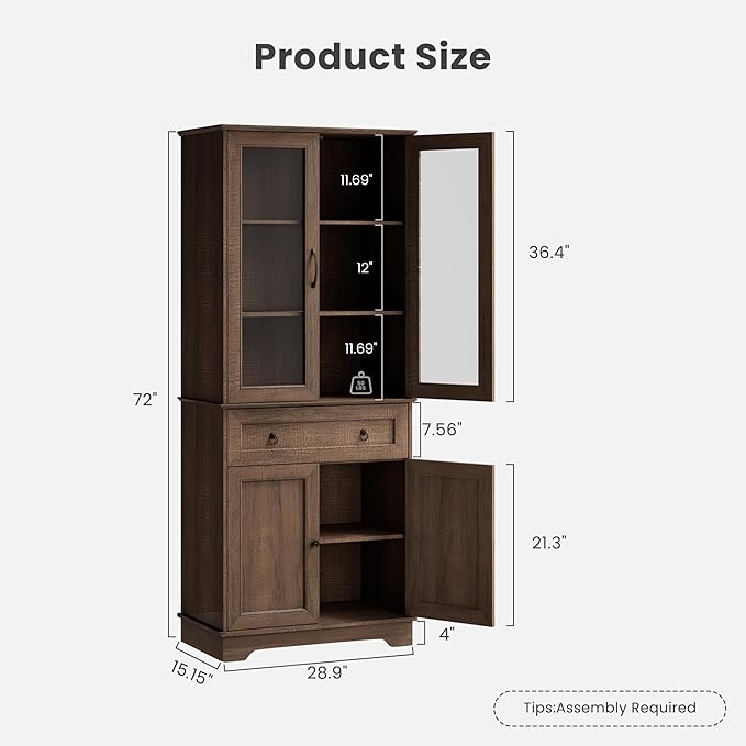 Set of 2 72" Tall Kitchen Pantry Storage Cabinets with Glass Doors and Drawer, Farmhouse Cupboards with Adjustable Shelves, Freestanding Food Pantries for Kitchen, Dining Room, Brown