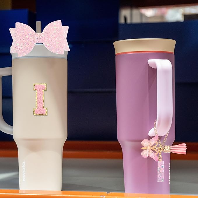 uxcell 8Pcs Cup Accessories Set for Cup Tumbler with Handle, Including Silicone Straw Cover, Boot, Spill Proof Stopper, Handle Charm, Initials Sticker(Letter I, Pink)