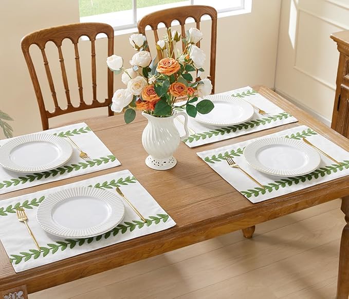 Wracra Embroidered Placemats, 13 x 18 Inch Set of 4 Placemats, Irregular Willow Rustic Place Mats for Kitchen Table and Heat Resistant, Green 4PCS