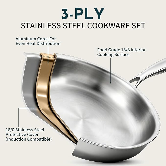 3 Ply Stainless Steel Cookware Set, AIVIKI 10-Pieces Pots and Pans Set, Induction Kitchen Cookware Set, Oven Safe to 500?? Chef Quality Cooking Set w/Fry Pans, Saucepans, Dutch Oven, Kitchen Essential