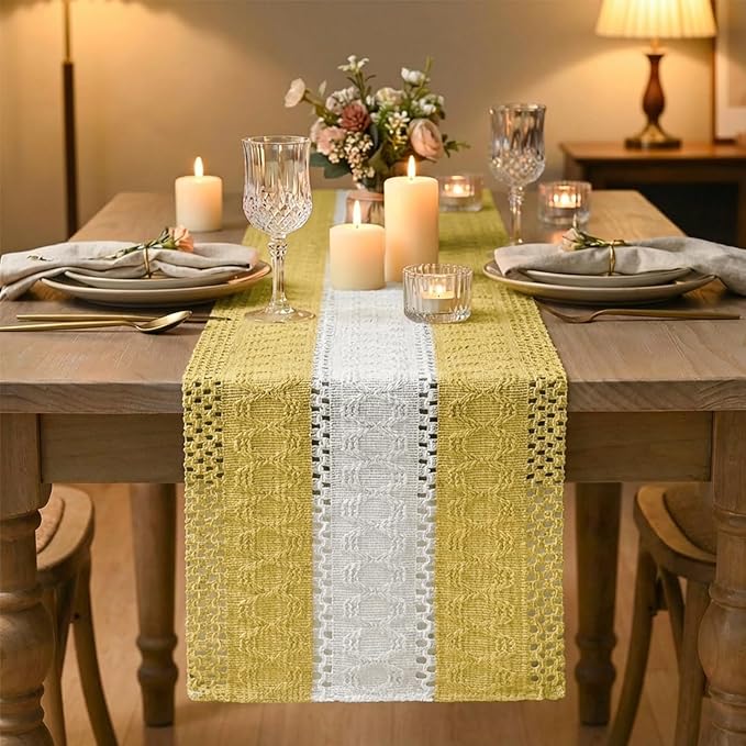 Artoid Mode Yellow Farmhouse Rustic Table Runner, Seasonal Hollow Kitchen Dining Table Decoration for Home Party Decor 12x48 Inch
