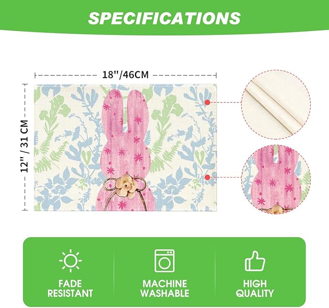 Artoid Mode Pink Bunny Leaves Bow Easter Placemats Set of 4, 12x18 Inch Spring Table Mats for Outdoor Home Party Kitchen Dining Decor