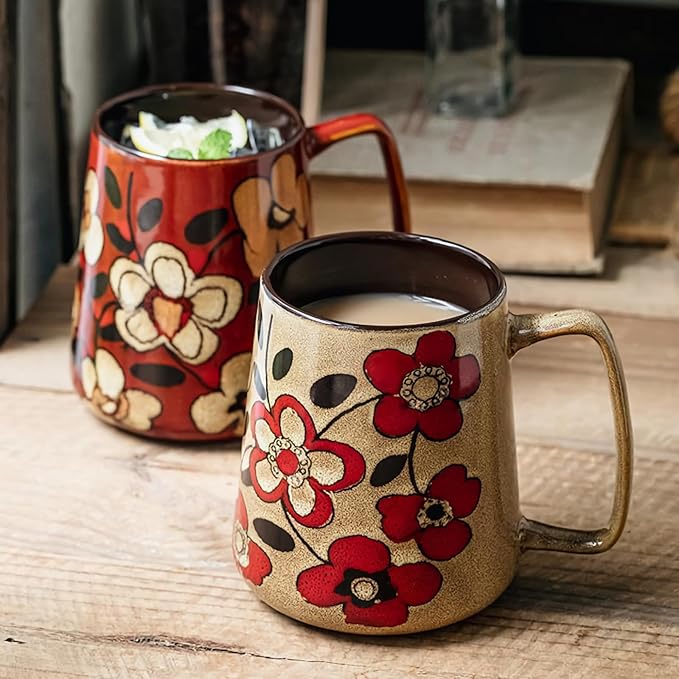 Extra Large Tall Coffee Mugs with Handle - Set of 2, 24 oz Ceramic, Dishwasher & Microwave Safe, Flower Design