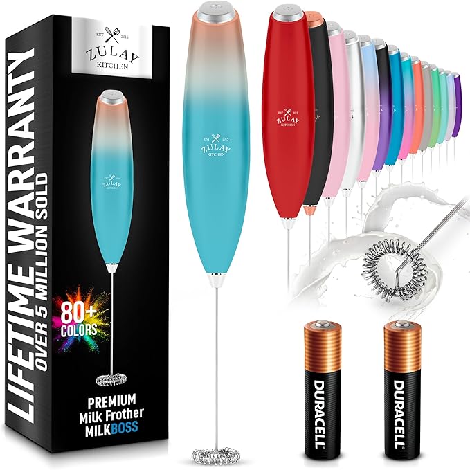 Zulay Kitchen Milk Frother Handheld Electric Whisk with AA Duracell Batteries ??Durable Drink Mixer for Coffee, Lattes, Cappuccinos & More - Sunrise