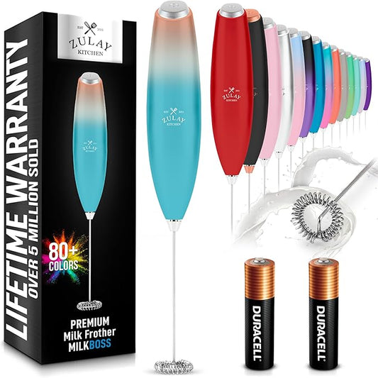 Zulay Kitchen Milk Frother Handheld Electric Whisk with AA Duracell Batteries ??Durable Drink Mixer for Coffee, Lattes, Cappuccinos & More - Sunrise
